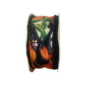 Fabric Ribbon Black Cat Pumpkin 1.25 in Halloween 4 Yards Spooled Vintage